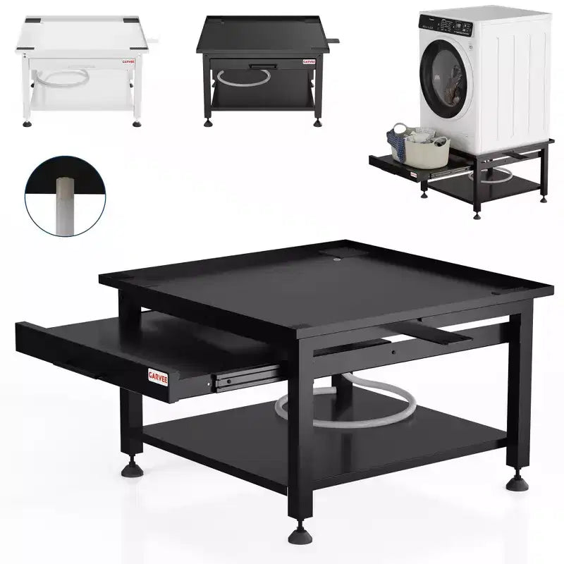 27 Wide Washer and Dryer Pedestals with Pullout-Shelf, 16 Hight Laundry Pedestal with Adjustable Anti-Vibration Pads, Drain Pan and Hose, 1000 lbs