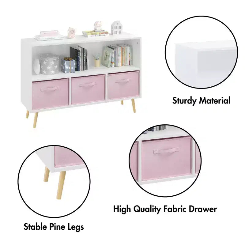 Libreria per bambini con 3 cassetti in tessuto e ripiano aperto – Organizzatore porta giochi con sistema anti-ribaltamento