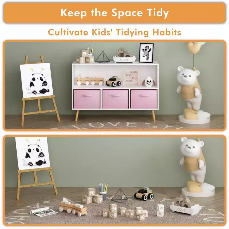Libreria per bambini con 3 cassetti in tessuto e ripiano aperto – Organizzatore porta giochi con sistema anti-ribaltamento