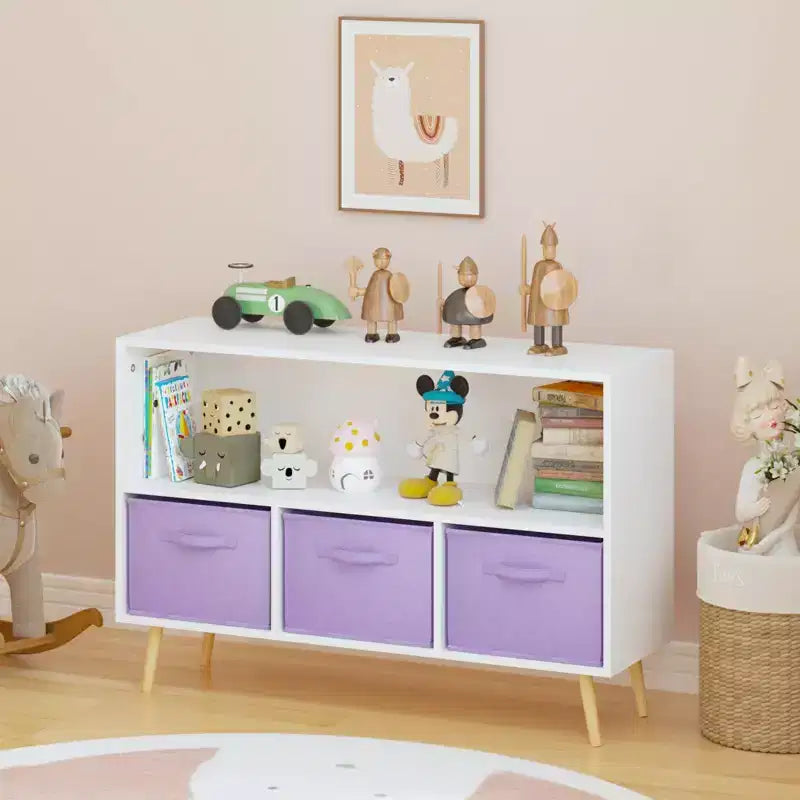 Libreria per bambini con 3 cassetti in tessuto e ripiano aperto – Organizzatore porta giochi con sistema anti-ribaltamento