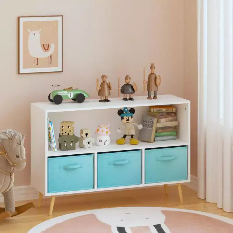 Libreria per bambini con 3 cassetti in tessuto e ripiano aperto – Organizzatore porta giochi con sistema anti-ribaltamento
