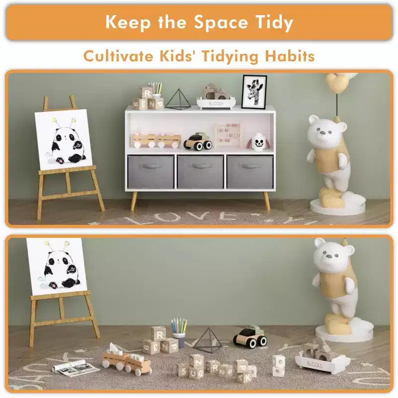 Libreria per bambini con 3 cassetti in tessuto e ripiano aperto – Organizzatore porta giochi con sistema anti-ribaltamento