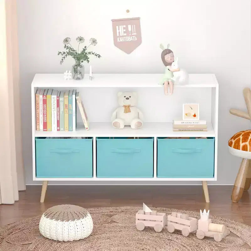 Libreria per bambini con 3 cassetti in tessuto e ripiano aperto – Organizzatore porta giochi con sistema anti-ribaltamento