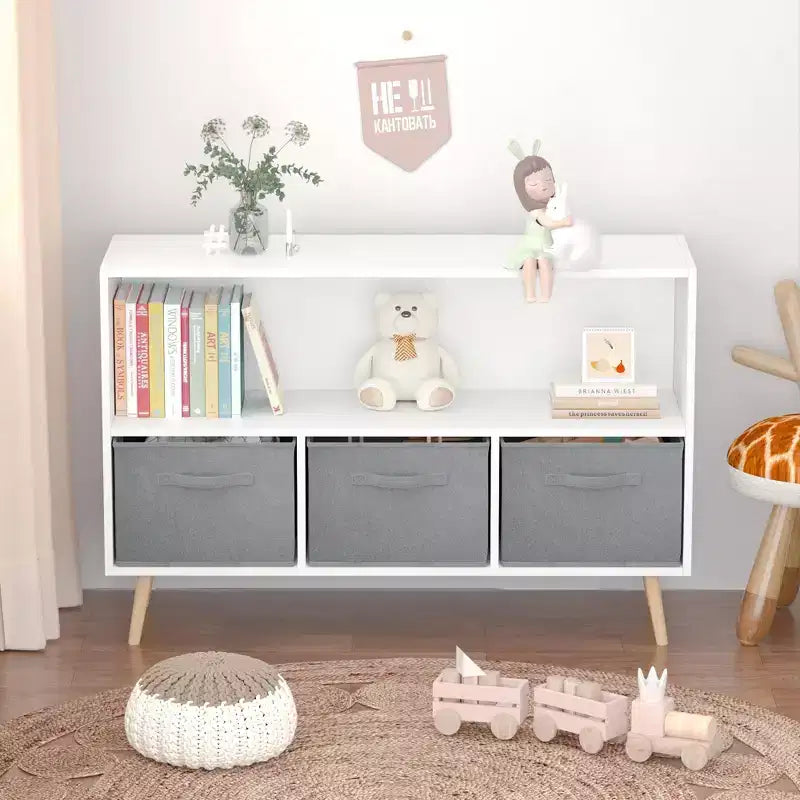 TUYOHW Kids Bookshelf with 3 Fabric Drawers & Open Shelf,MDF Storage Bookcase with Anti-Tip Safety,Toy Storage Organizer for Playroom & Bedroom