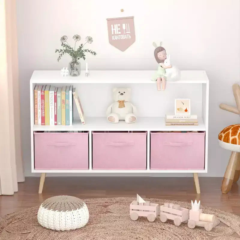 Libreria per bambini con 3 cassetti in tessuto e ripiano aperto – Organizzatore porta giochi con sistema anti-ribaltamento