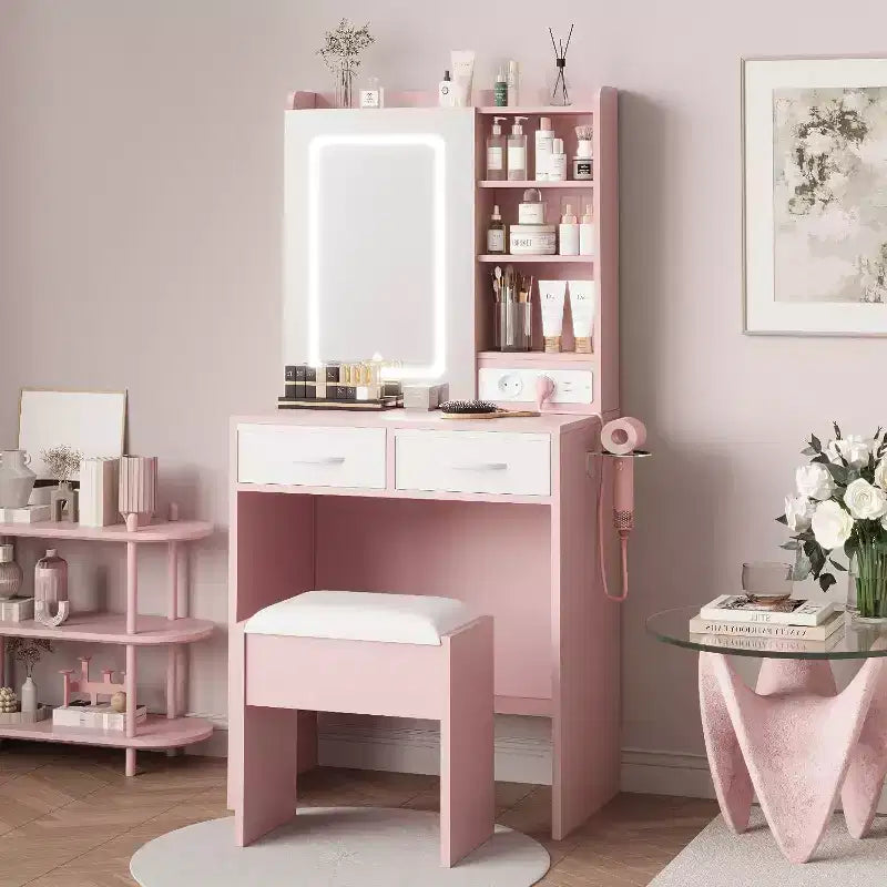 Toeletta Rosa con Specchio LED e Stazione di Ricarica