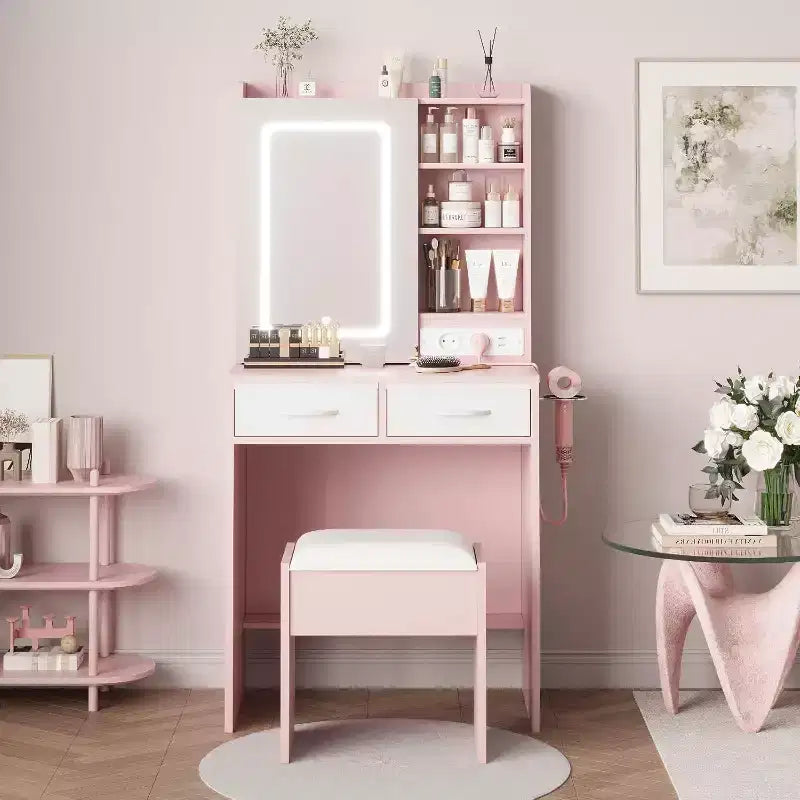 Toeletta Rosa con Specchio LED e Stazione di Ricarica
