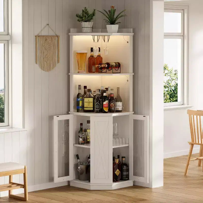 Mobile angolare bar 67.3" stile rustico con luci LED e ripiani regolabili - Bianco