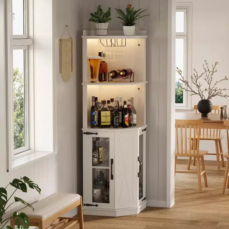 Mobile angolare bar 67.3" stile rustico con luci LED e ripiani regolabili - Bianco