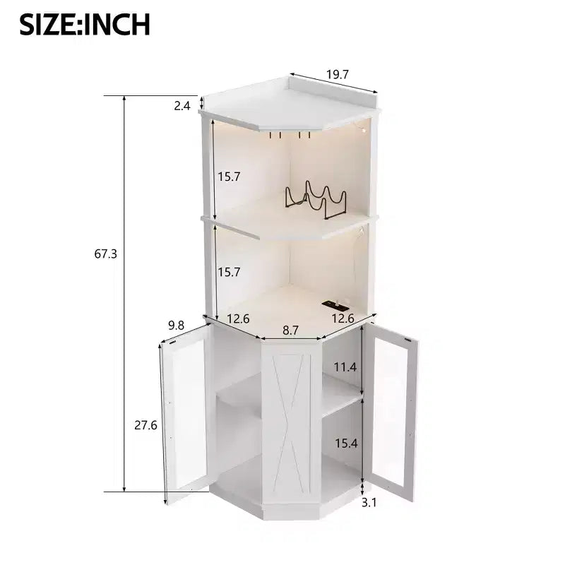 Mobile angolare bar 67.3" stile rustico con luci LED e ripiani regolabili - Bianco