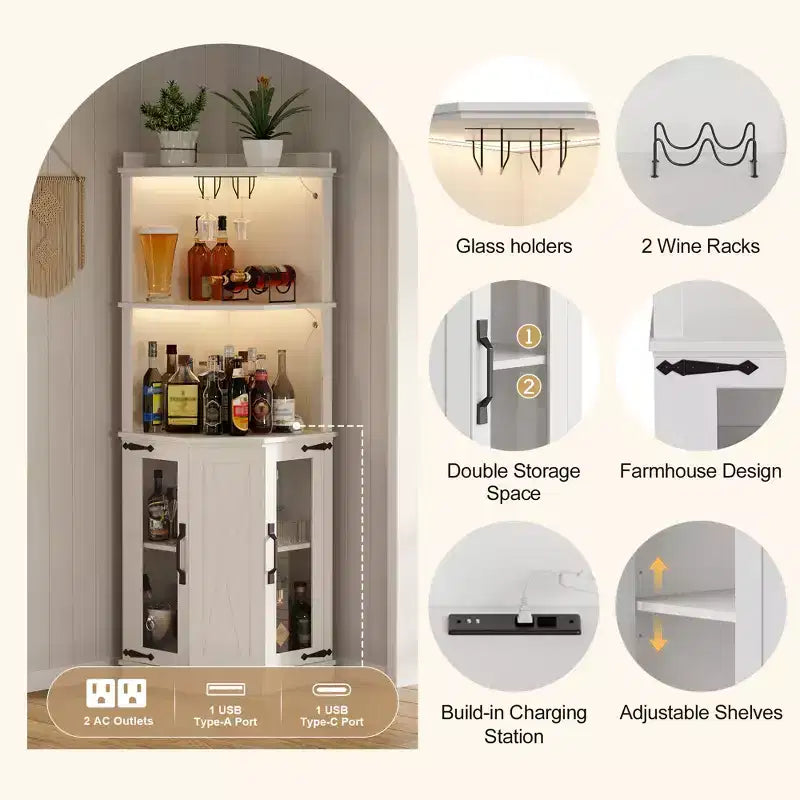 Mobile angolare bar 67.3" stile rustico con luci LED e ripiani regolabili - Bianco