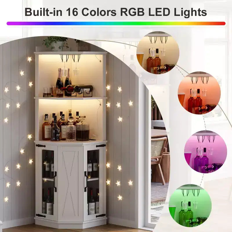 Mobile angolare bar 67.3" stile rustico con luci LED e ripiani regolabili - Bianco