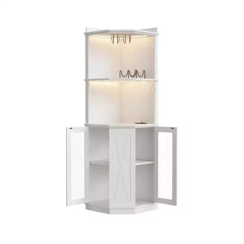 Mobile angolare bar 67.3" stile rustico con luci LED e ripiani regolabili - Bianco