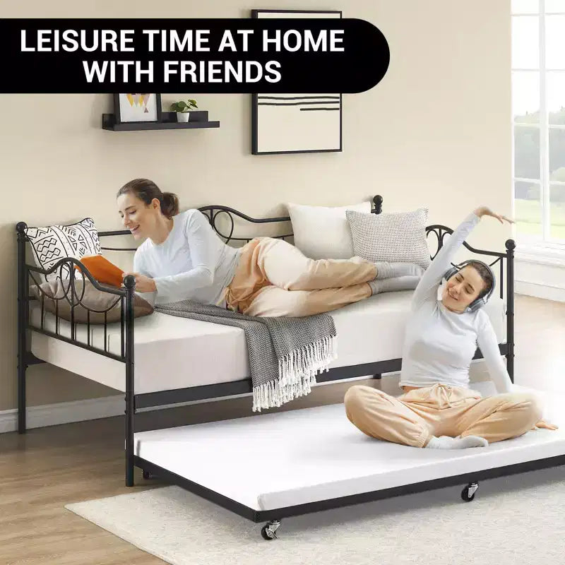 Letto a giorno matrimoniale in metallo con letto estraibile - Nero