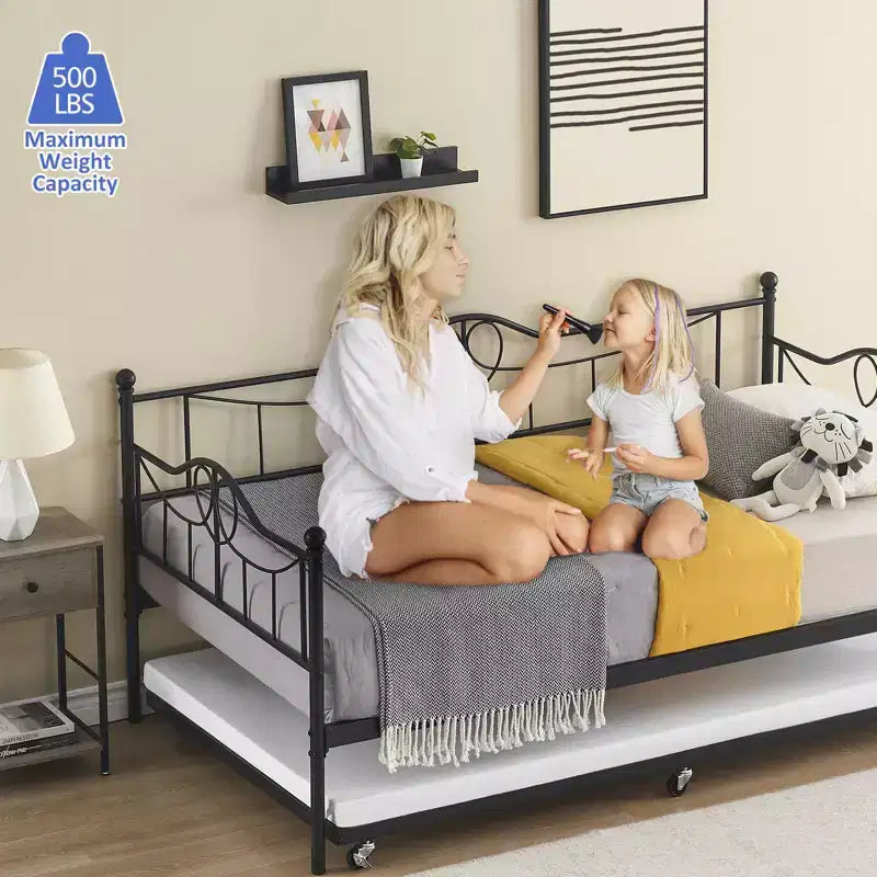 Letto a giorno matrimoniale in metallo con letto estraibile - Nero
