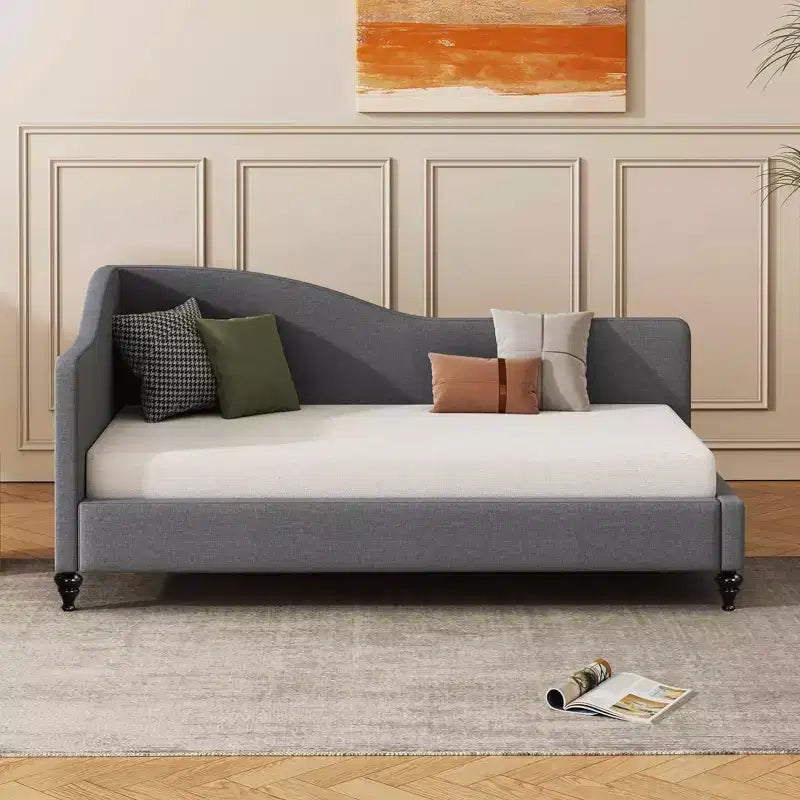 Divano Letto a L con gambe in legno massello, in lino, formato singolo - Grigio