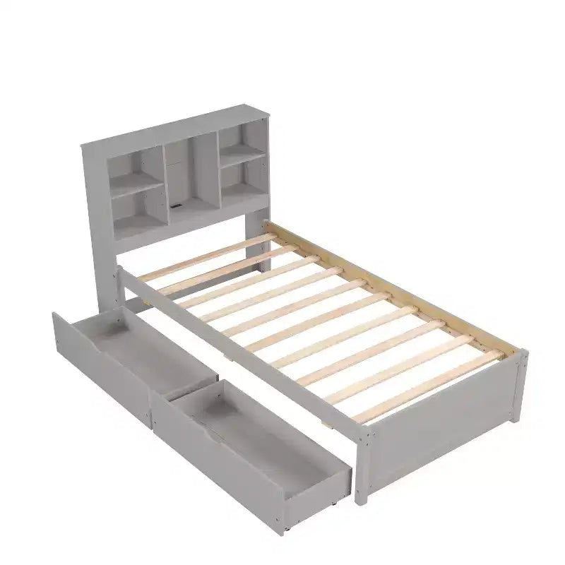 Letto Moderno Singolo con Testiera in Legno Contenitore e LED/USB Integrato – Letto a Piattaforma con Libreria