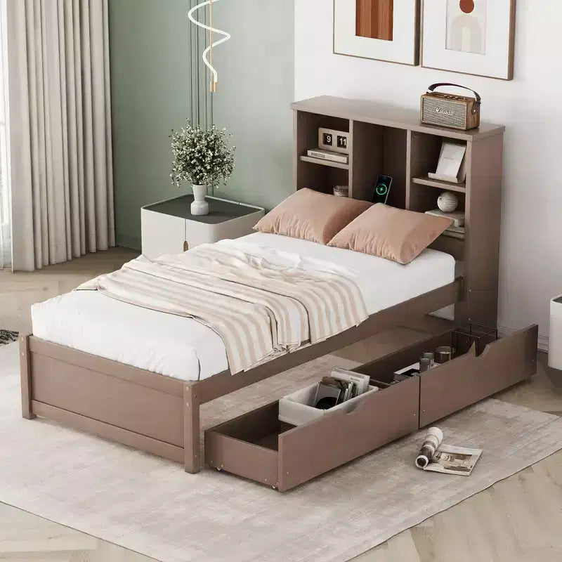 Letto Moderno Singolo con Testiera in Legno Contenitore e LED/USB Integrato – Letto a Piattaforma con Libreria