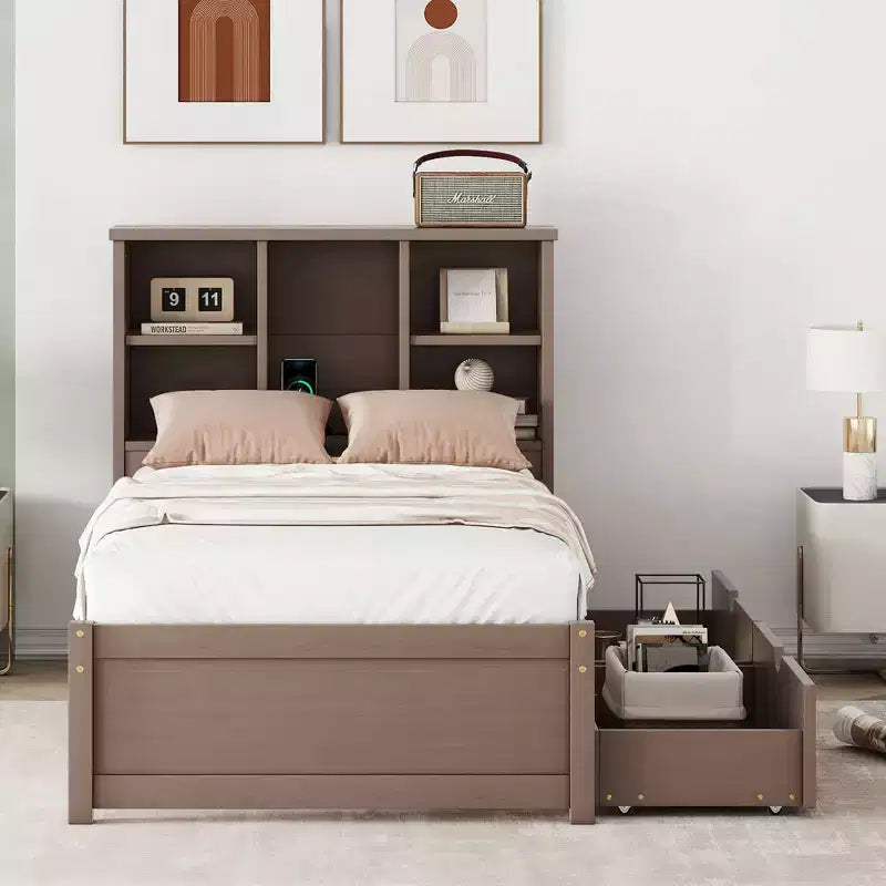 Letto Moderno Singolo con Testiera in Legno Contenitore e LED/USB Integrato – Letto a Piattaforma con Libreria