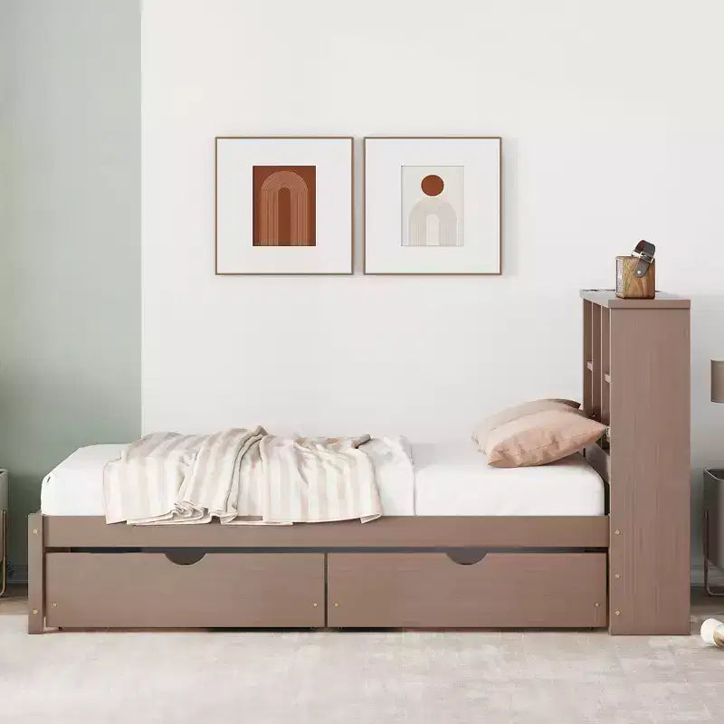 Letto Moderno Singolo con Testiera in Legno Contenitore e LED/USB Integrato – Letto a Piattaforma con Libreria
