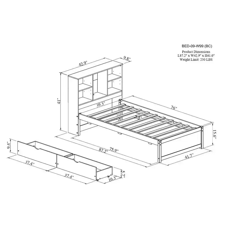 Letto Moderno Singolo con Testiera in Legno Contenitore e LED/USB Integrato – Letto a Piattaforma con Libreria
