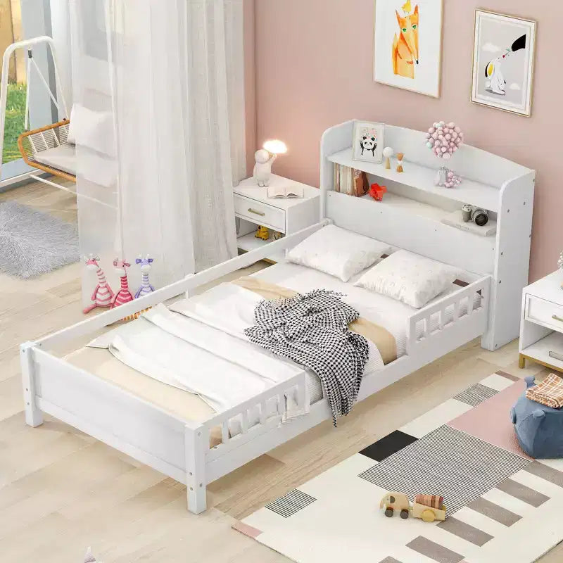 Letto Moderno Singolo con Testiera in Legno Contenitore e LED/USB Integrato – Letto a Piattaforma con Libreria