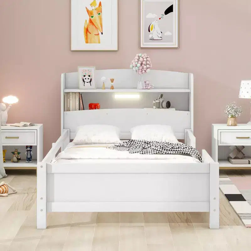 Letto Moderno Singolo con Testiera in Legno Contenitore e LED/USB Integrato – Letto a Piattaforma con Libreria