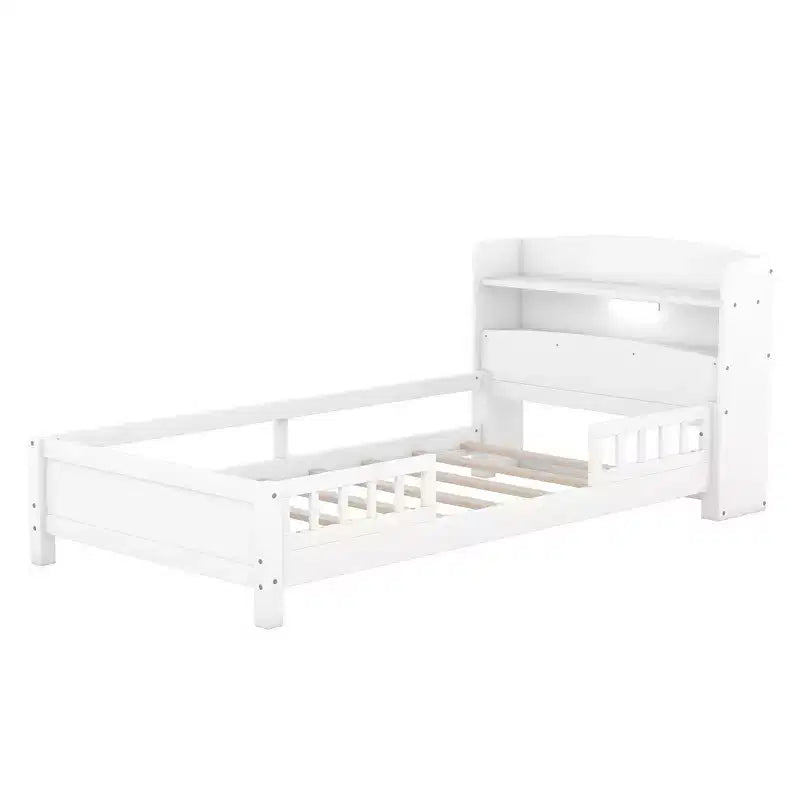 Letto Moderno Singolo con Testiera in Legno Contenitore e LED/USB Integrato – Letto a Piattaforma con Libreria