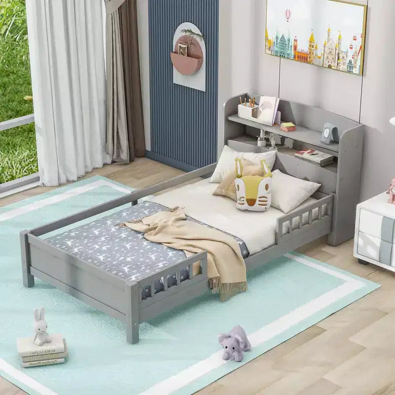 Letto Moderno Singolo con Testiera in Legno Contenitore e LED/USB Integrato – Letto a Piattaforma con Libreria