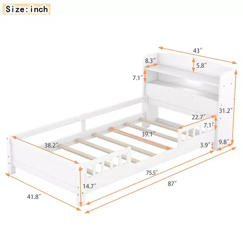 Letto Moderno Singolo con Testiera in Legno Contenitore e LED/USB Integrato – Letto a Piattaforma con Libreria