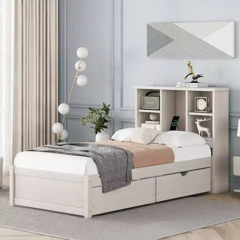 Letto Moderno Singolo con Testiera in Legno Contenitore e LED/USB Integrato – Letto a Piattaforma con Libreria