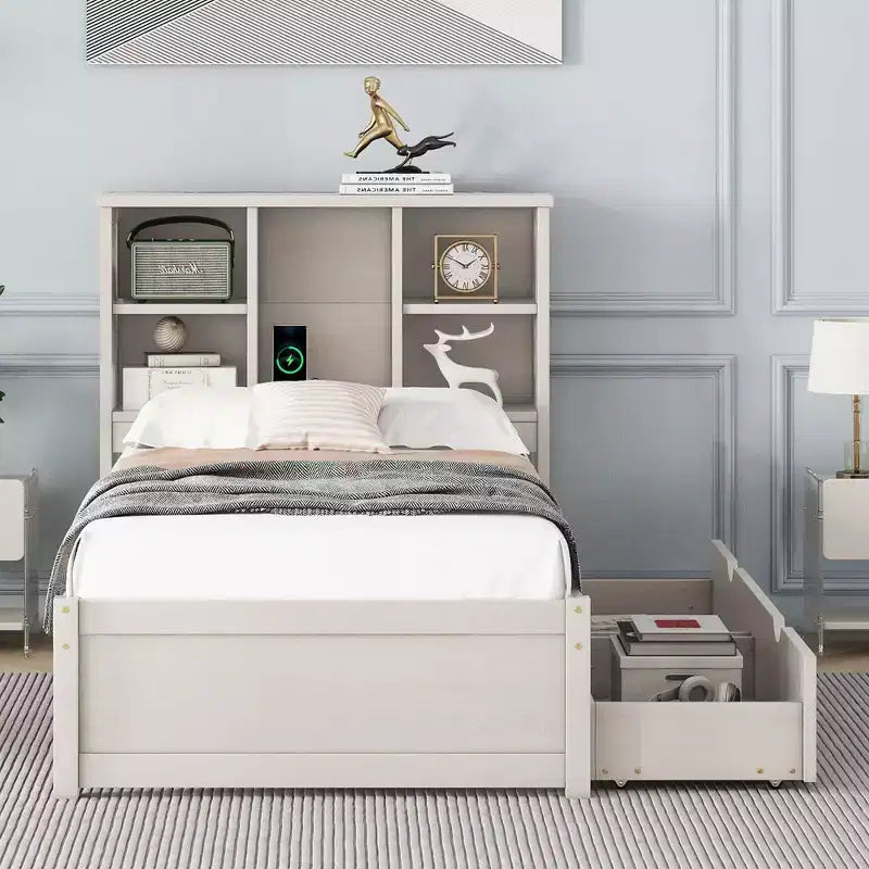 Letto Moderno Singolo con Testiera in Legno Contenitore e LED/USB Integrato – Letto a Piattaforma con Libreria