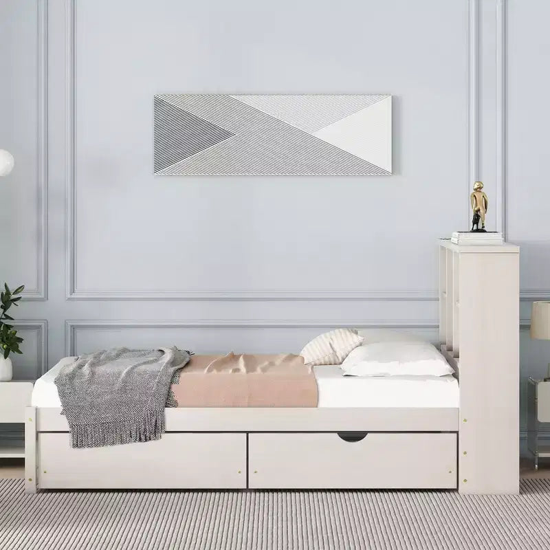 Letto Moderno Singolo con Testiera in Legno Contenitore e LED/USB Integrato – Letto a Piattaforma con Libreria