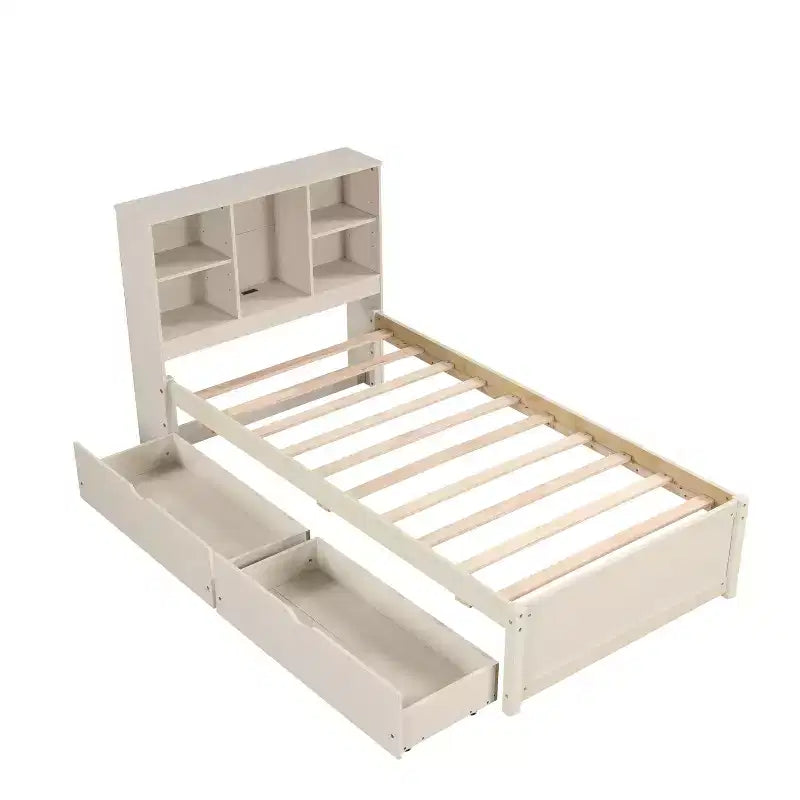 Letto Moderno Singolo con Testiera in Legno Contenitore e LED/USB Integrato – Letto a Piattaforma con Libreria