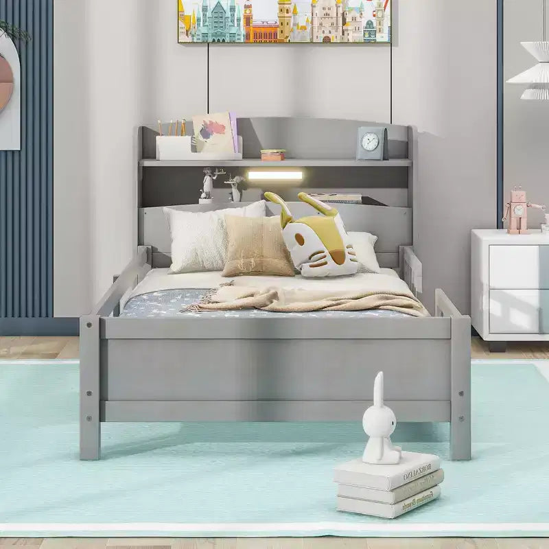 Letto Moderno Singolo con Testiera in Legno Contenitore e LED/USB Integrato – Letto a Piattaforma con Libreria