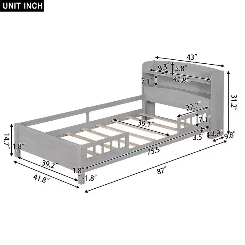 Letto Moderno Singolo con Testiera in Legno Contenitore e LED/USB Integrato – Letto a Piattaforma con Libreria