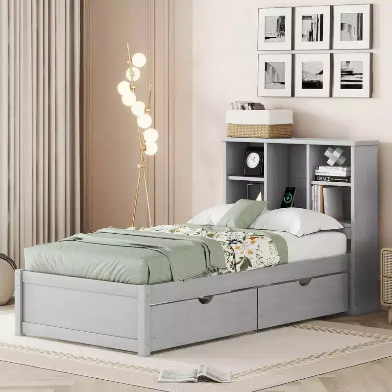 Letto Moderno Singolo con Testiera in Legno Contenitore e LED/USB Integrato – Letto a Piattaforma con Libreria