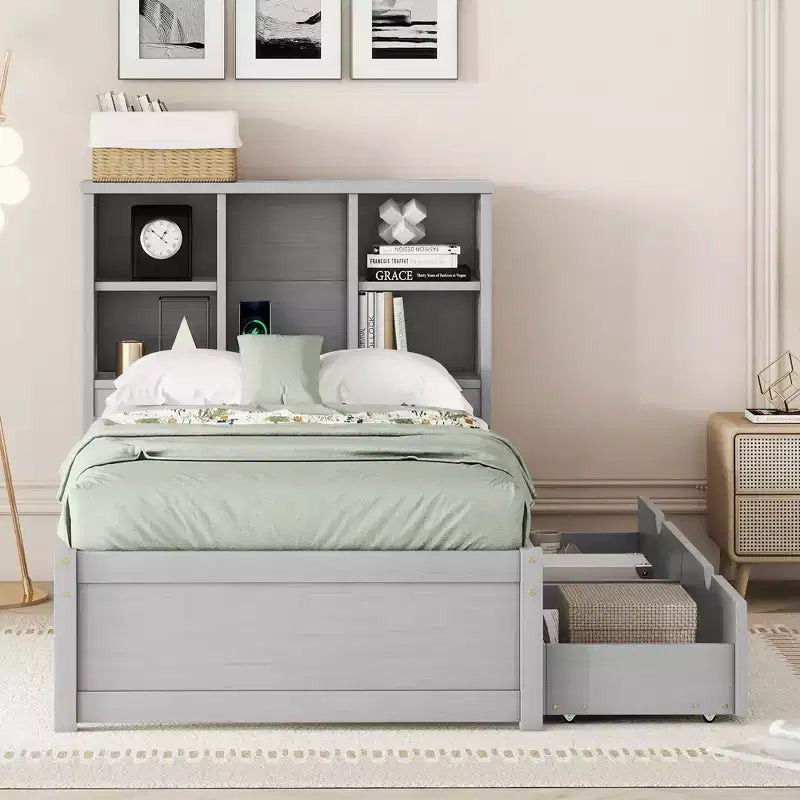 Letto Moderno Singolo con Testiera in Legno Contenitore e LED/USB Integrato – Letto a Piattaforma con Libreria