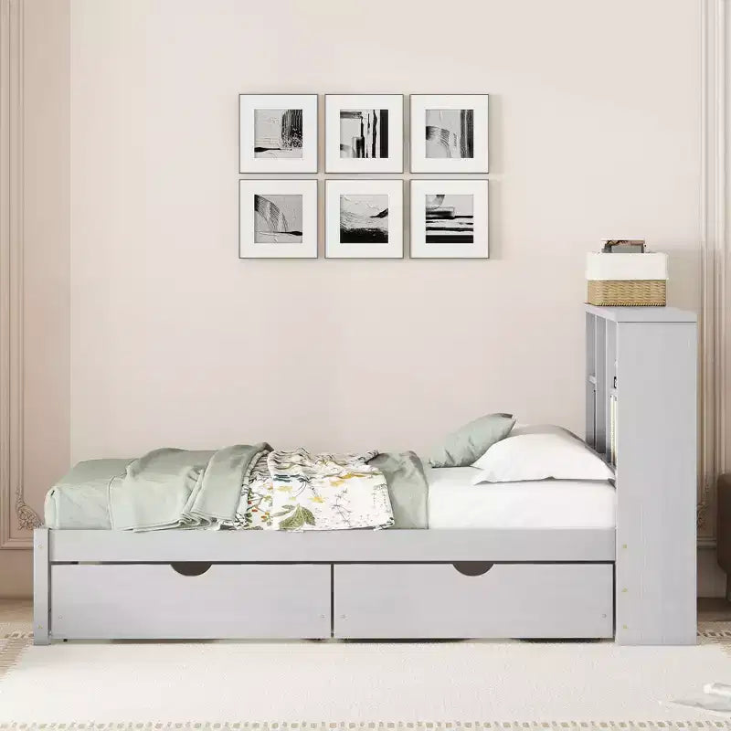 Letto Moderno Singolo con Testiera in Legno Contenitore e LED/USB Integrato – Letto a Piattaforma con Libreria