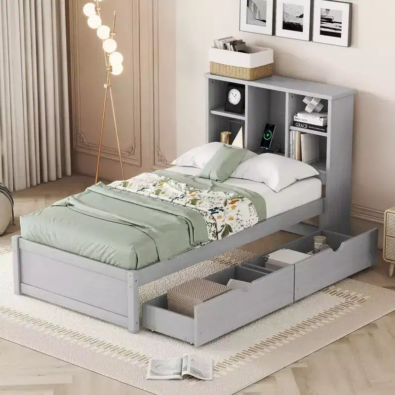 Letto Moderno Singolo con Testiera in Legno Contenitore e LED/USB Integrato – Letto a Piattaforma con Libreria