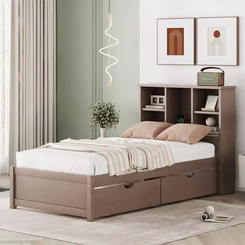 Letto Moderno Singolo con Testiera in Legno Contenitore e LED/USB Integrato – Letto a Piattaforma con Libreria