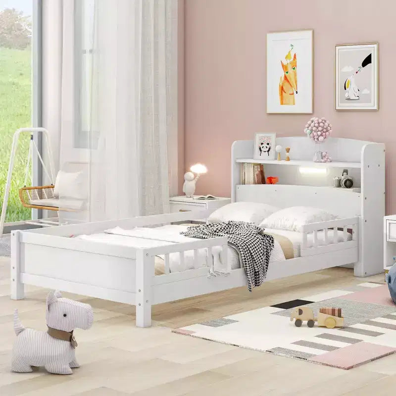 Letto Moderno Singolo con Testiera in Legno Contenitore e LED/USB Integrato – Letto a Piattaforma con Libreria