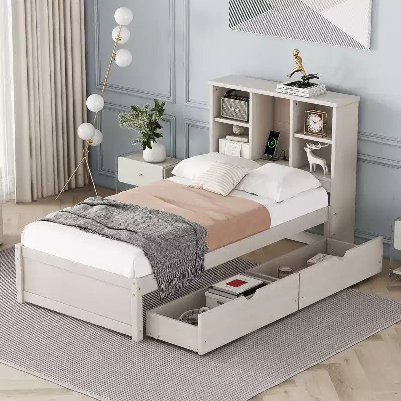 Letto Moderno Singolo con Testiera in Legno Contenitore e LED/USB Integrato – Letto a Piattaforma con Libreria