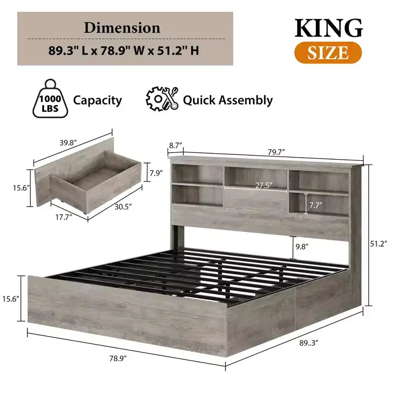 Letto contenitore king size con testiera a libreria e 4 cassetti