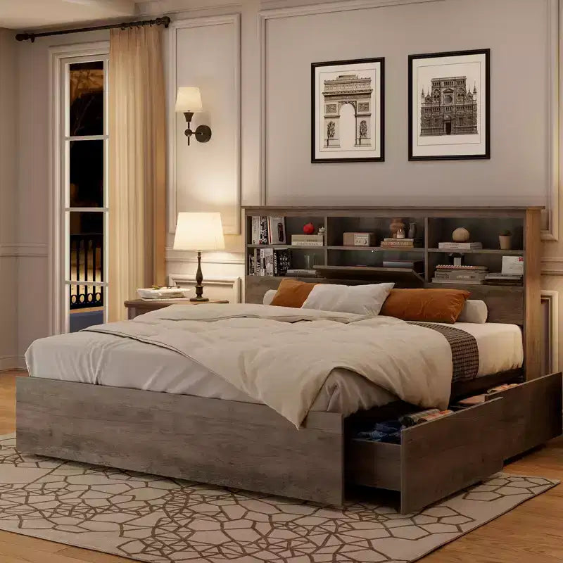 Letto contenitore king size con testiera a libreria e 4 cassetti