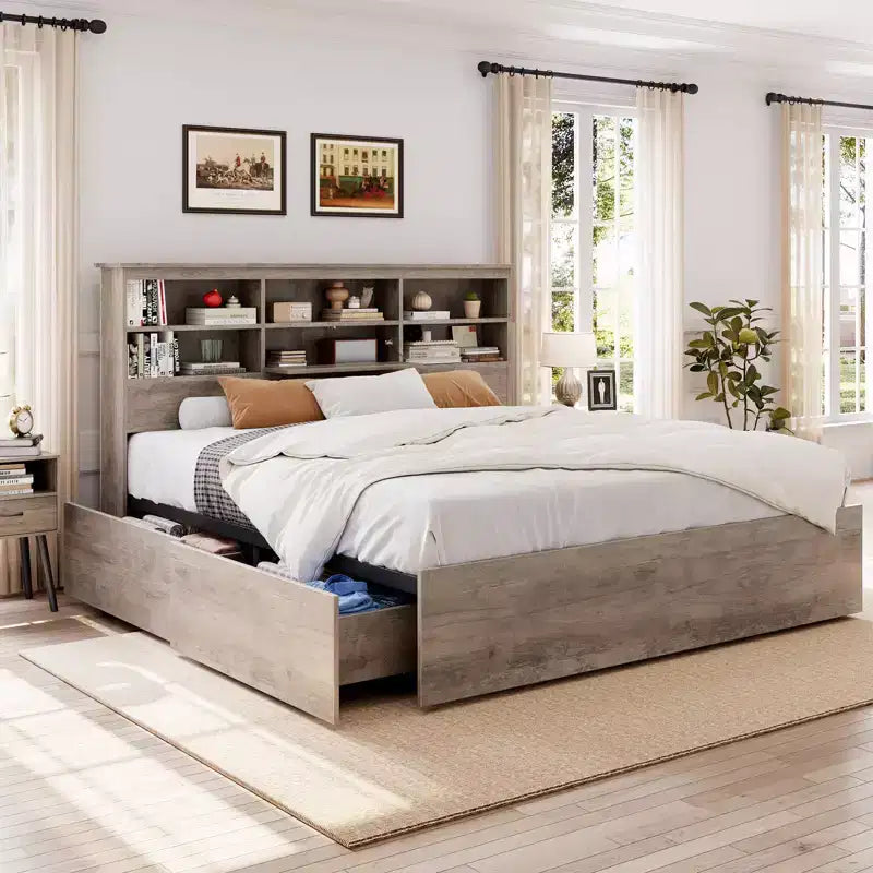 Letto contenitore king size con testiera a libreria e 4 cassetti
