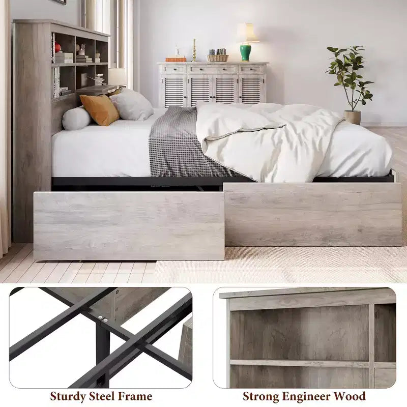 Letto contenitore king size con testiera a libreria e 4 cassetti