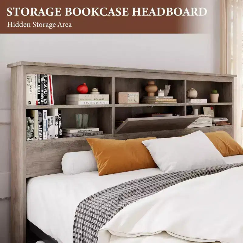 Letto contenitore king size con testiera a libreria e 4 cassetti