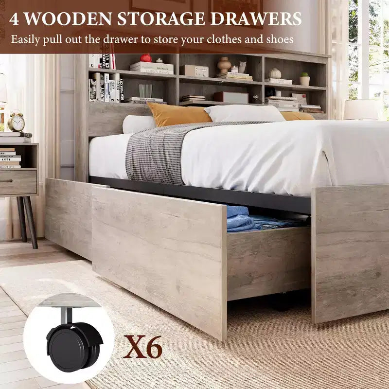 Letto contenitore king size con testiera a libreria e 4 cassetti