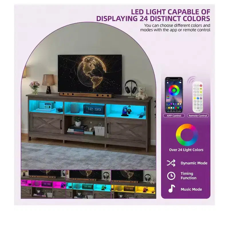 Mobile TV da fattoria per TV da 75 pollici con luci a LED e armadietti per l'organizzazione